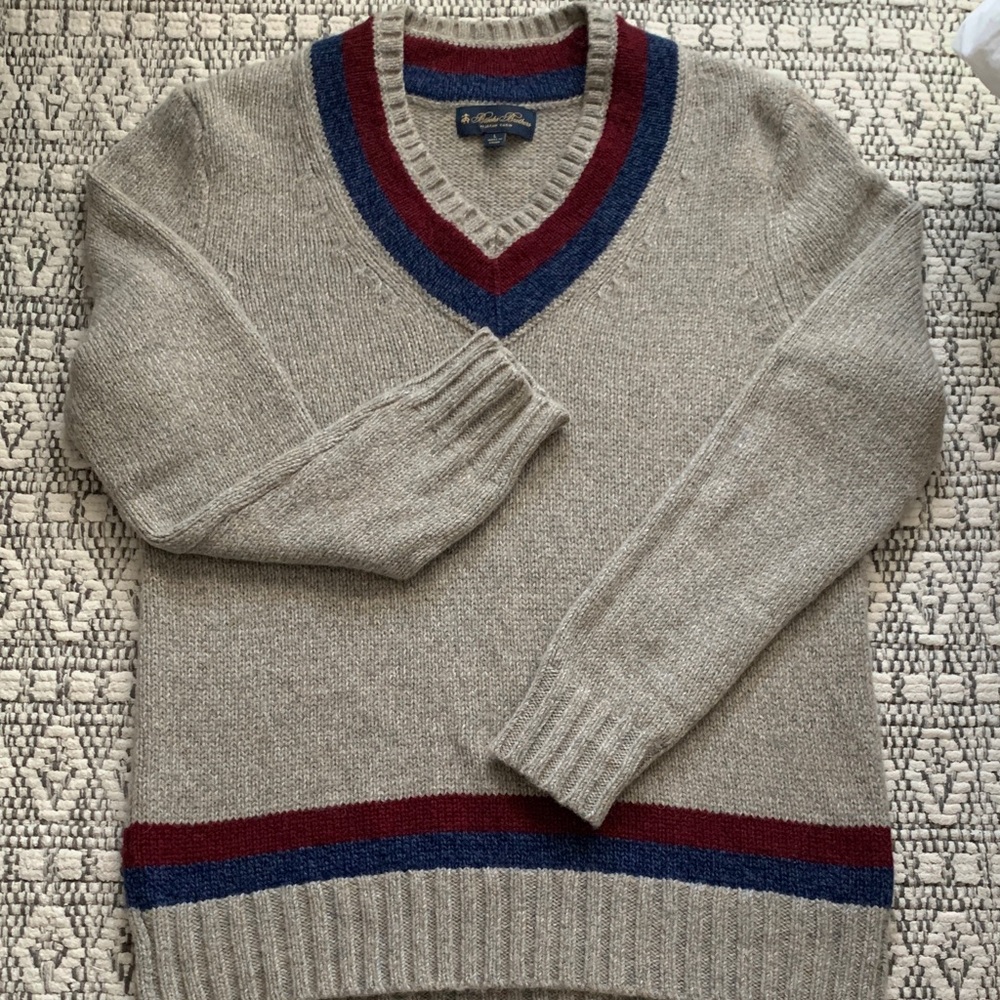 Brooks Brothers Gray V-Neck Sweater with Blue and Red Accents